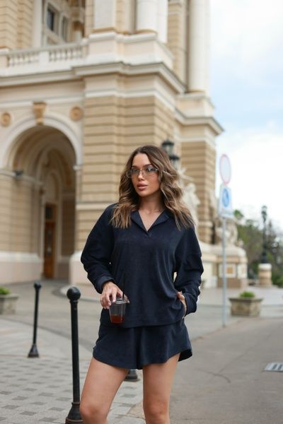 Костюм жіночий з поло та шортами тонка махра ГРАФІТ _1420313737 фото